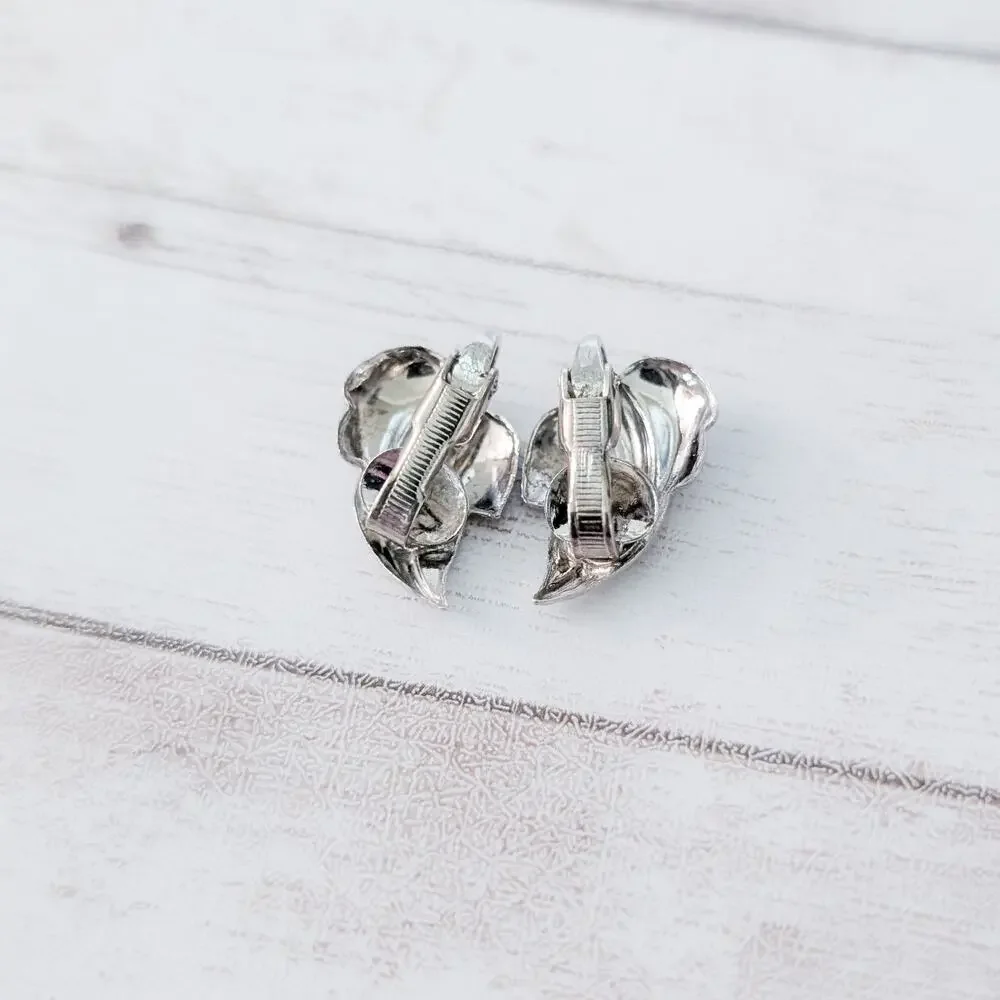 Vintage Clip On Earrings Silver Tone & Black Leaf - Some Paint Chipping
